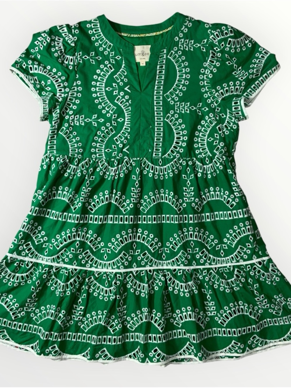 Umgee A Line Tiered Green & White Embroidered Eyelet Boho Dress Sz Medium #259 - Picture 1 of 5